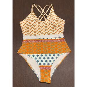Cupshe One Piece Swimsuit Womens M Multicolor Scoop Neck Double Straps Geo-Print